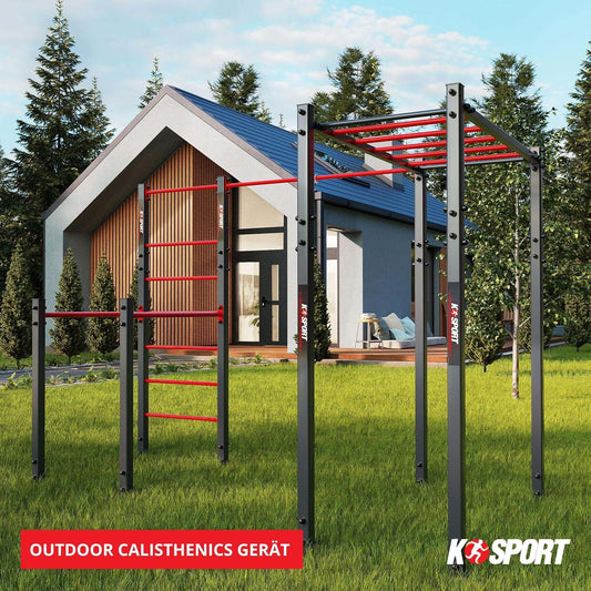 Calisthenics Turnstange: Wetterfeste Garten-Kraftstation mit Hangelleiter
