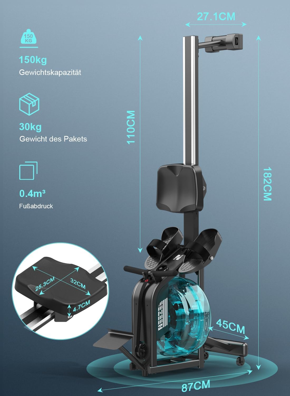 Wasserrudergerät: Bluetooth-Monitor, Tablet-Halterung, 150 kg Kapazität