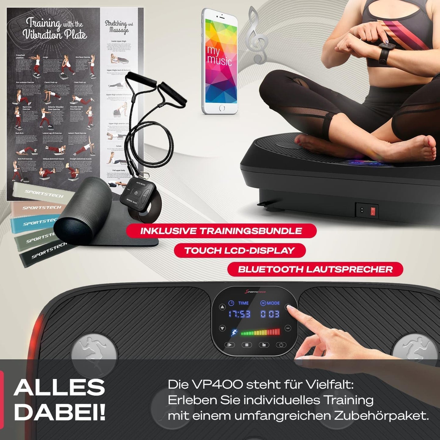 VP400: 4D Vibrationsplatte mit Smart‑LED und Trainingsbändern