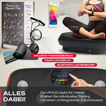 VP400: 4D Vibrationsplatte mit Smart‑LED und Trainingsbändern