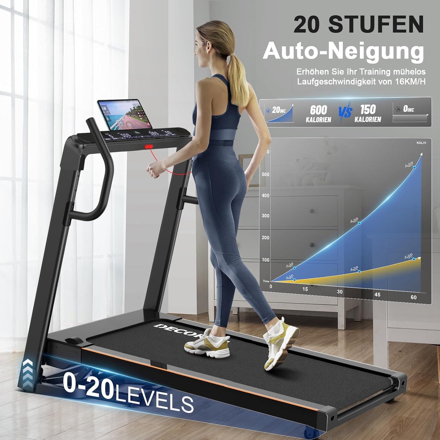 Laufband: 4,5 PS, klappbar, 16 km/h, Steigung, LCD & Bluetooth