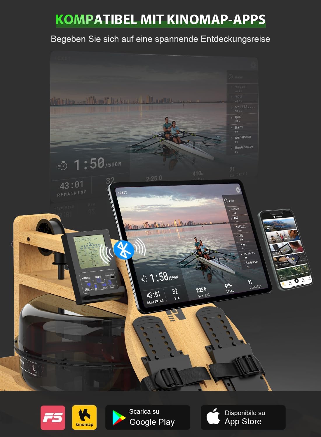 Water Rowing Machine | Solid Wood, Foldable, Bluetooth Display