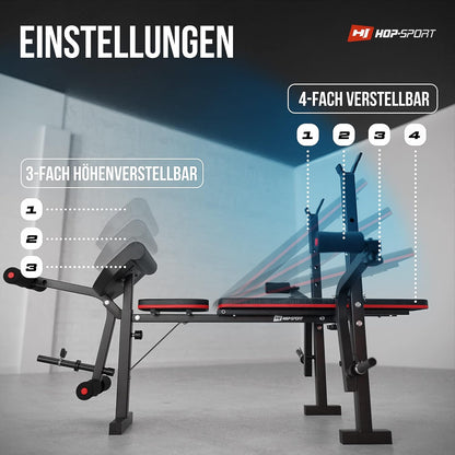 Klappbare Hantelbank mit Gewichten, Curlpult, Butterfly und Beincurler.