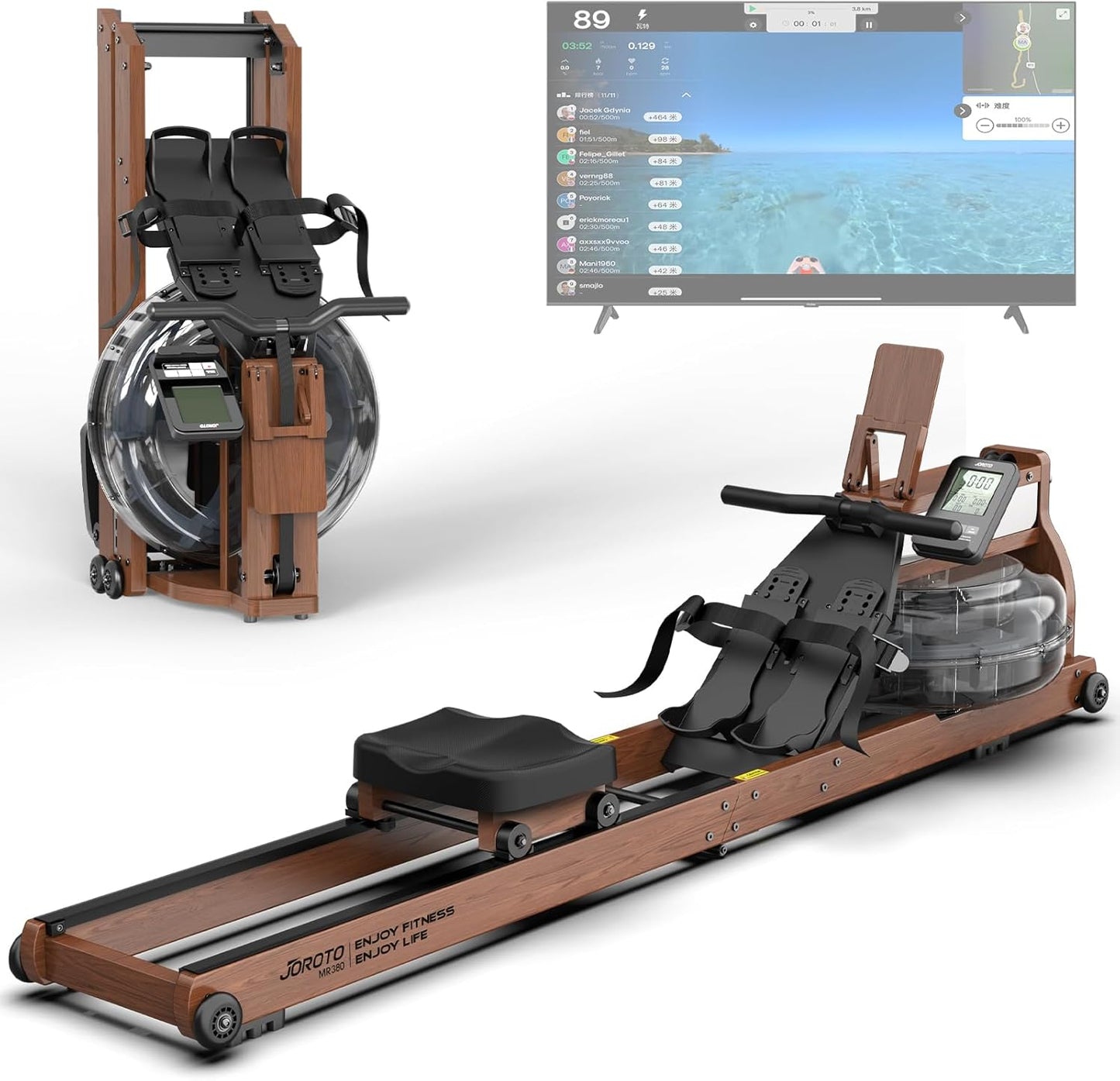 MR380/MR390: Klappbares Eichenholz‑Rudergerät mit 28 L Tank und Bluetooth‑Monitor