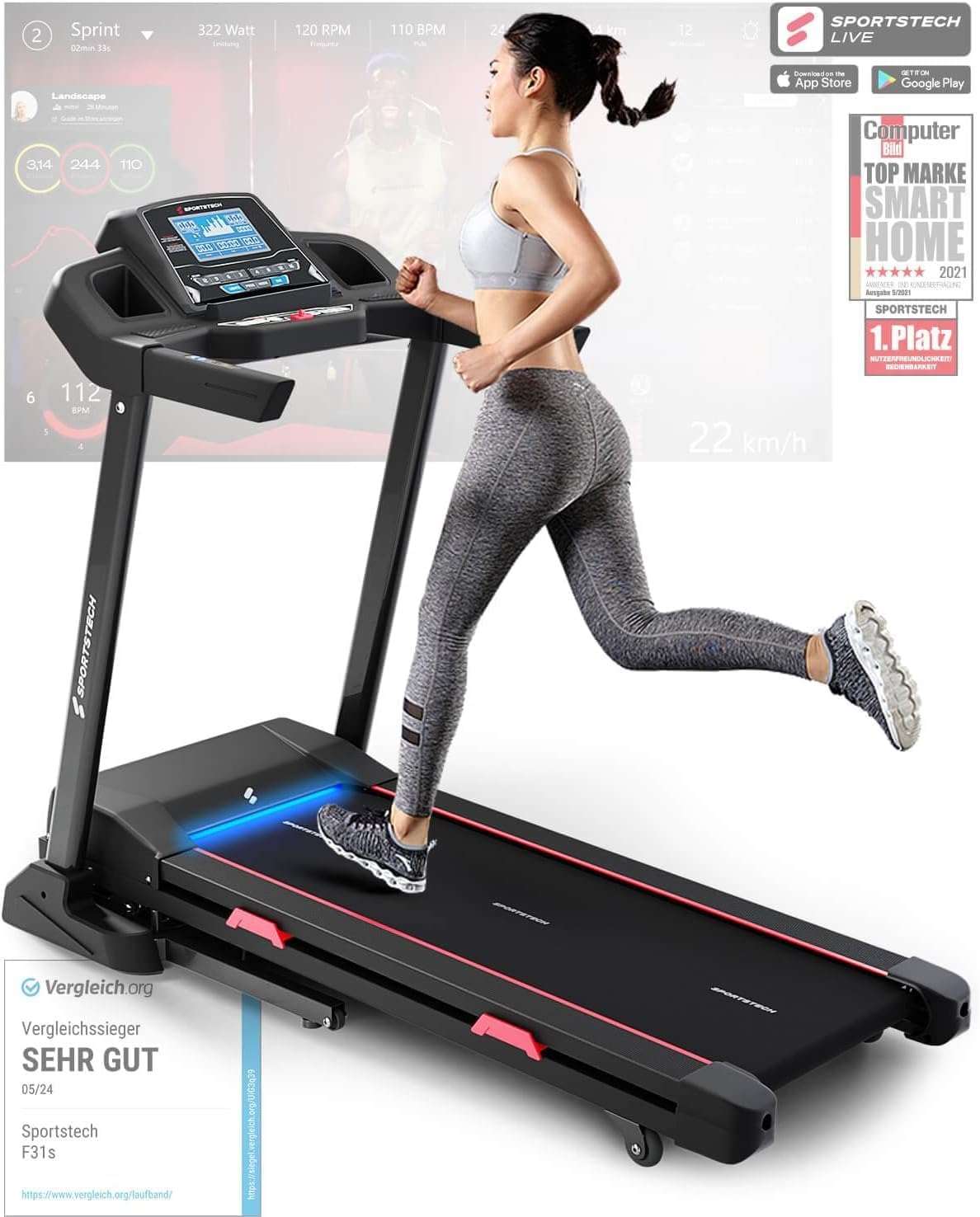 F31s: Profi-Laufband, 4,5 PS, 16 km/h, Bluetooth & App