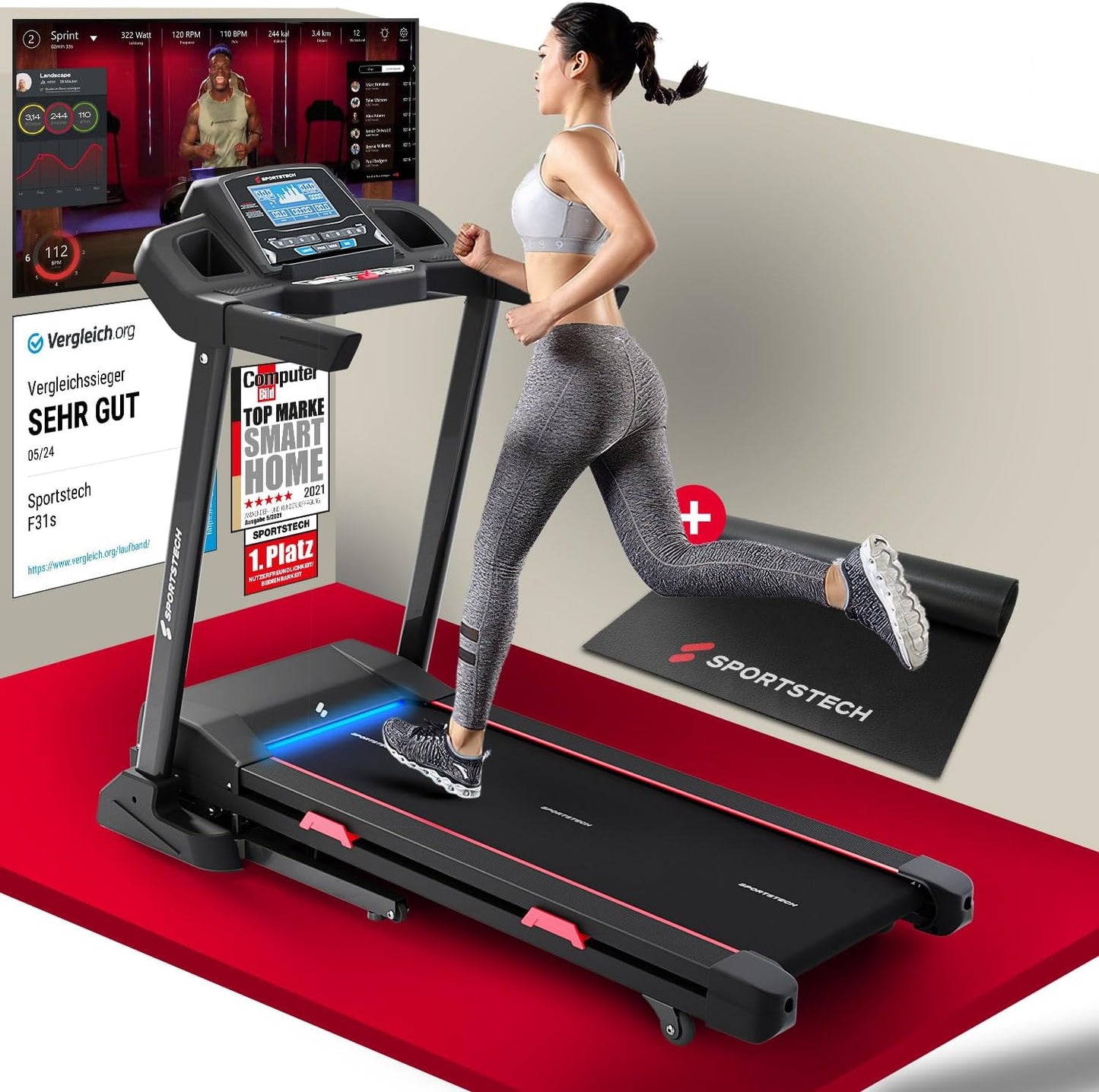 F31s: Klappbares Laufband für Zuhause mit App, Bluetooth & LED
