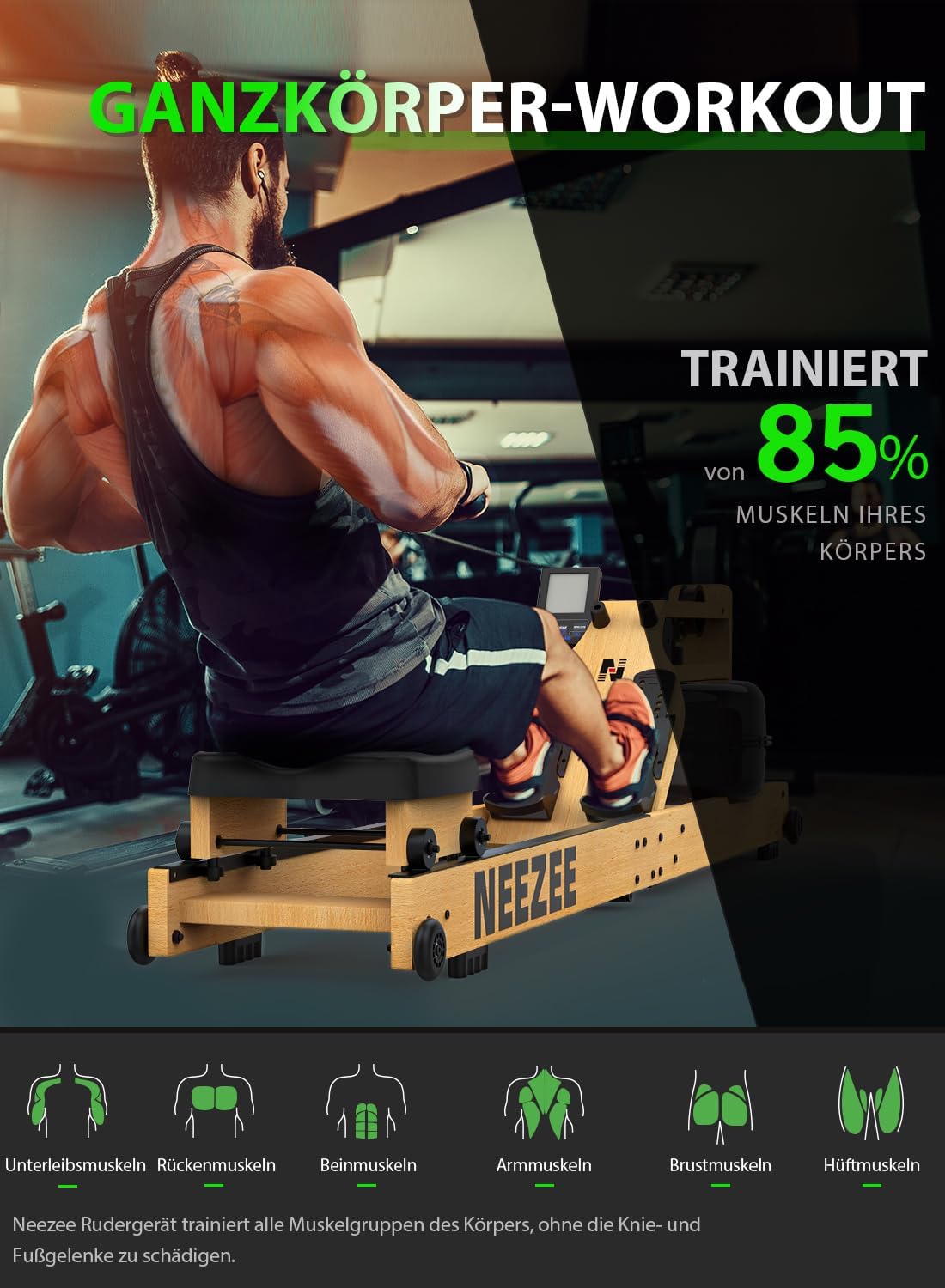 Water Rowing Machine | Solid Wood, Foldable, Bluetooth Display