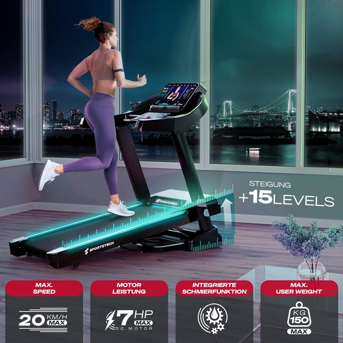 F37s: Klappbares Laufband, 7 PS, 20 km/h, Steigung & App