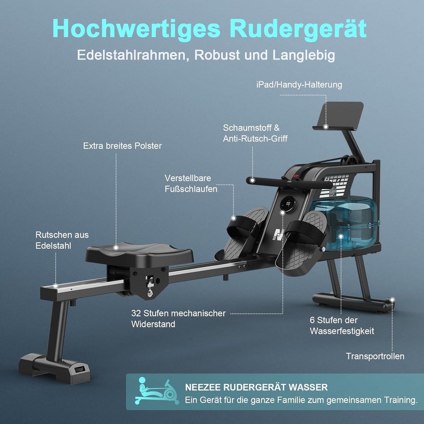Wasserrudergerät: Bluetooth-Monitor, Tablet-Halterung, 150 kg Kapazität