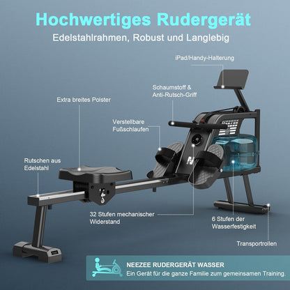 Wasserrudergerät: Bluetooth-Monitor, Tablet-Halterung, 150 kg Kapazität