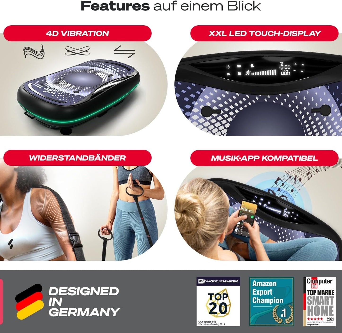 4D Vibrationsplatte: Smart LED, Bluetooth, Fitness & Yoga