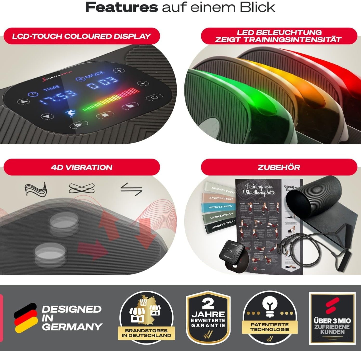 VP400: 4D Vibrationsplatte mit Smart‑LED und Trainingsbändern