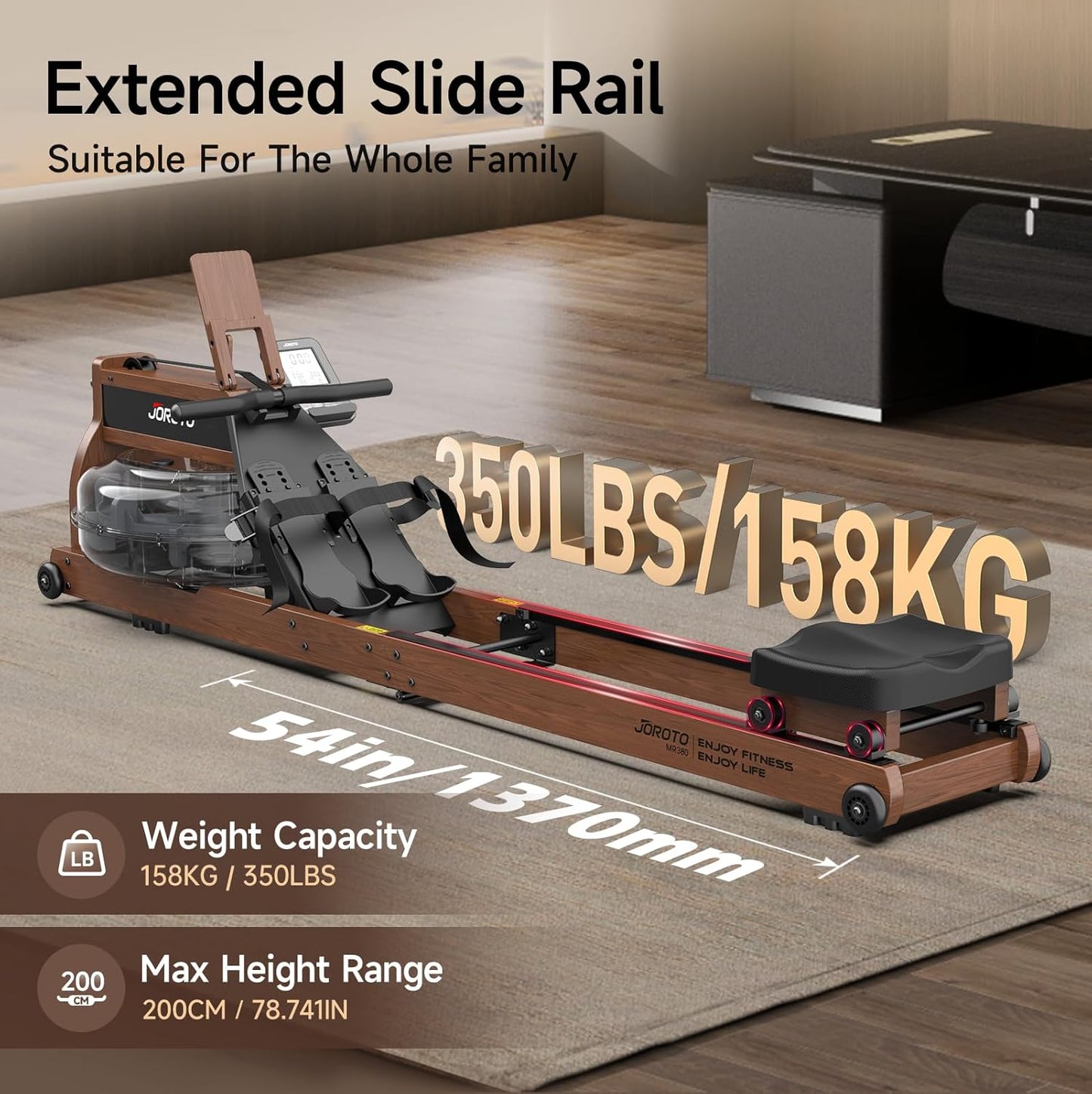 MR380/MR390: Klappbares Eichenholz‑Rudergerät mit 28 L Tank und Bluetooth‑Monitor