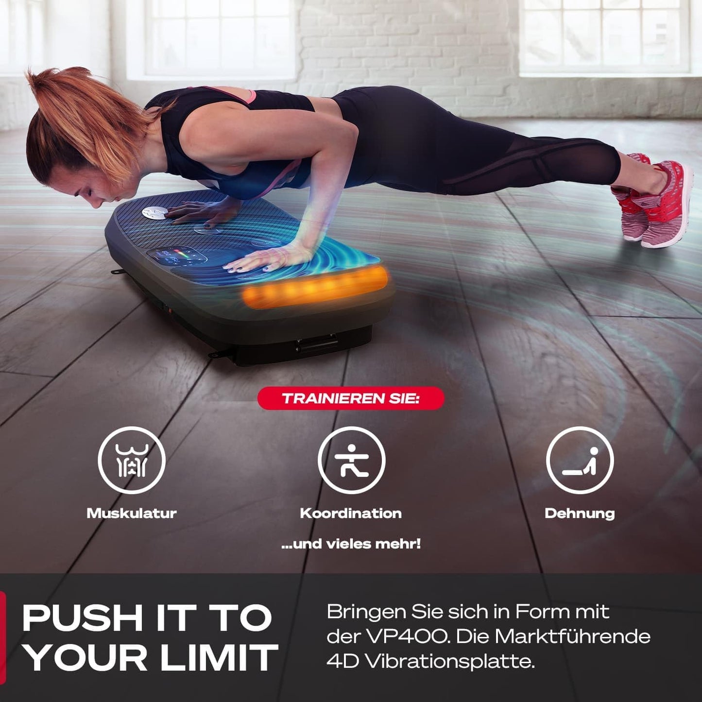VP400: 4D Vibrationsplatte mit Smart‑LED und Trainingsbändern