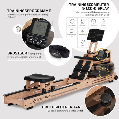 Water Rowing Machine Solid Oak Wood Rower App-Compatible