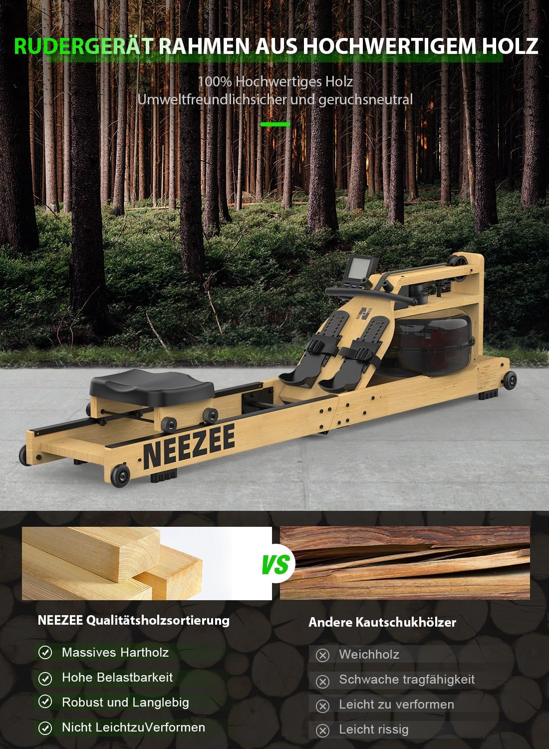 Water Rowing Machine | Solid Wood, Foldable, Bluetooth Display