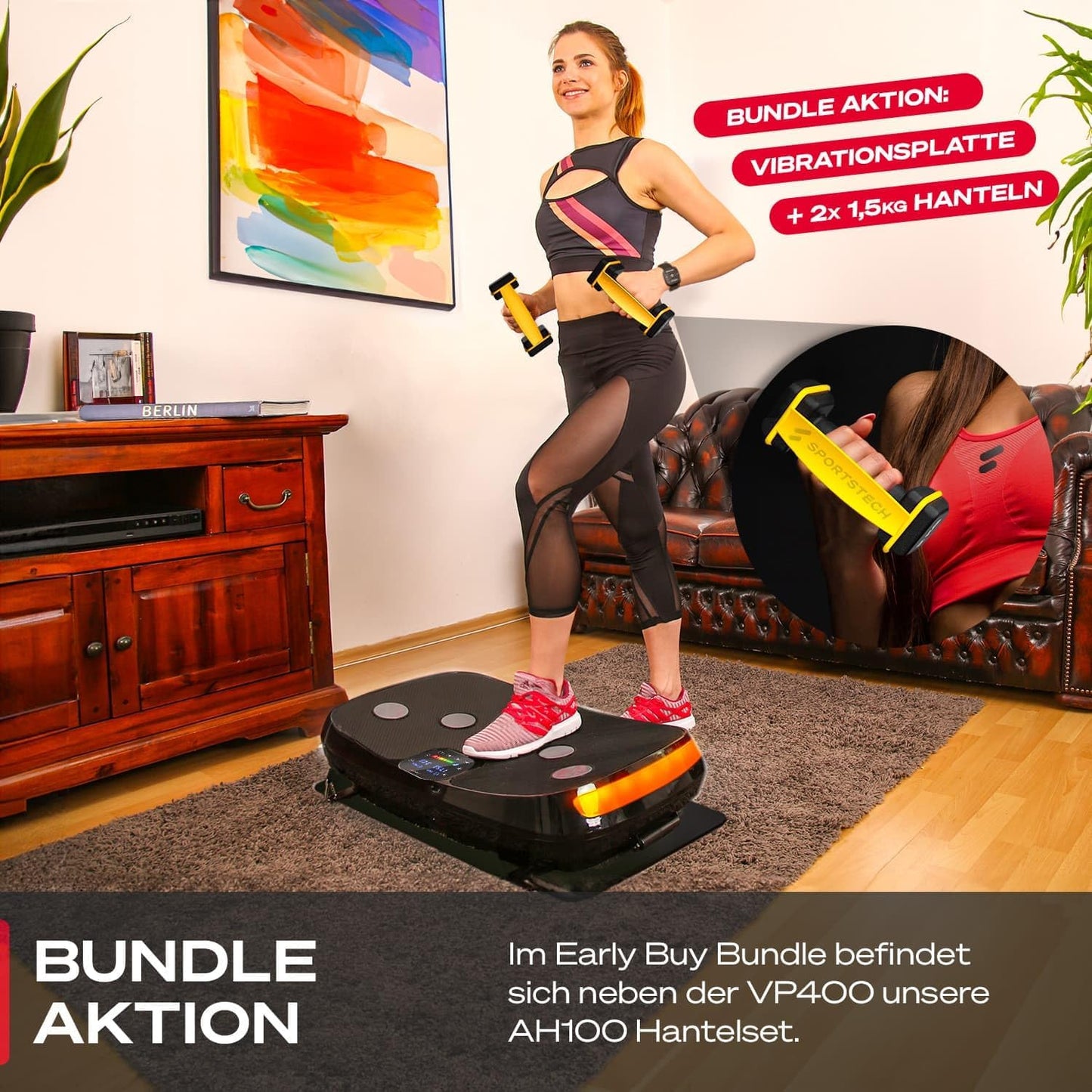 VP400: 4D Vibrationsplatte mit Smart‑LED und Trainingsbändern
