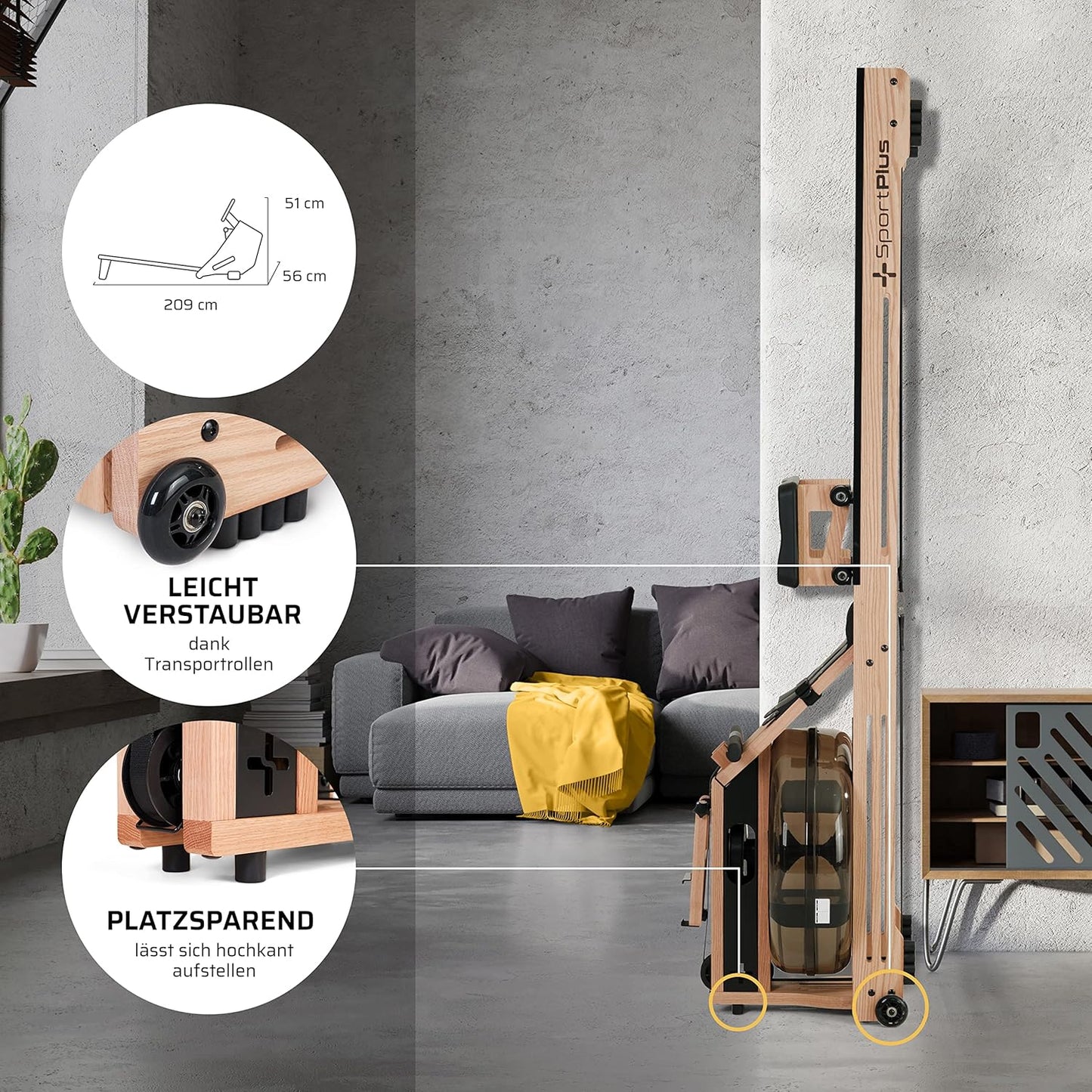 Water Rowing Machine Solid Oak Wood Rower App-Compatible