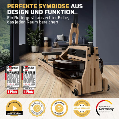 Water Rowing Machine Solid Oak Wood Rower App-Compatible