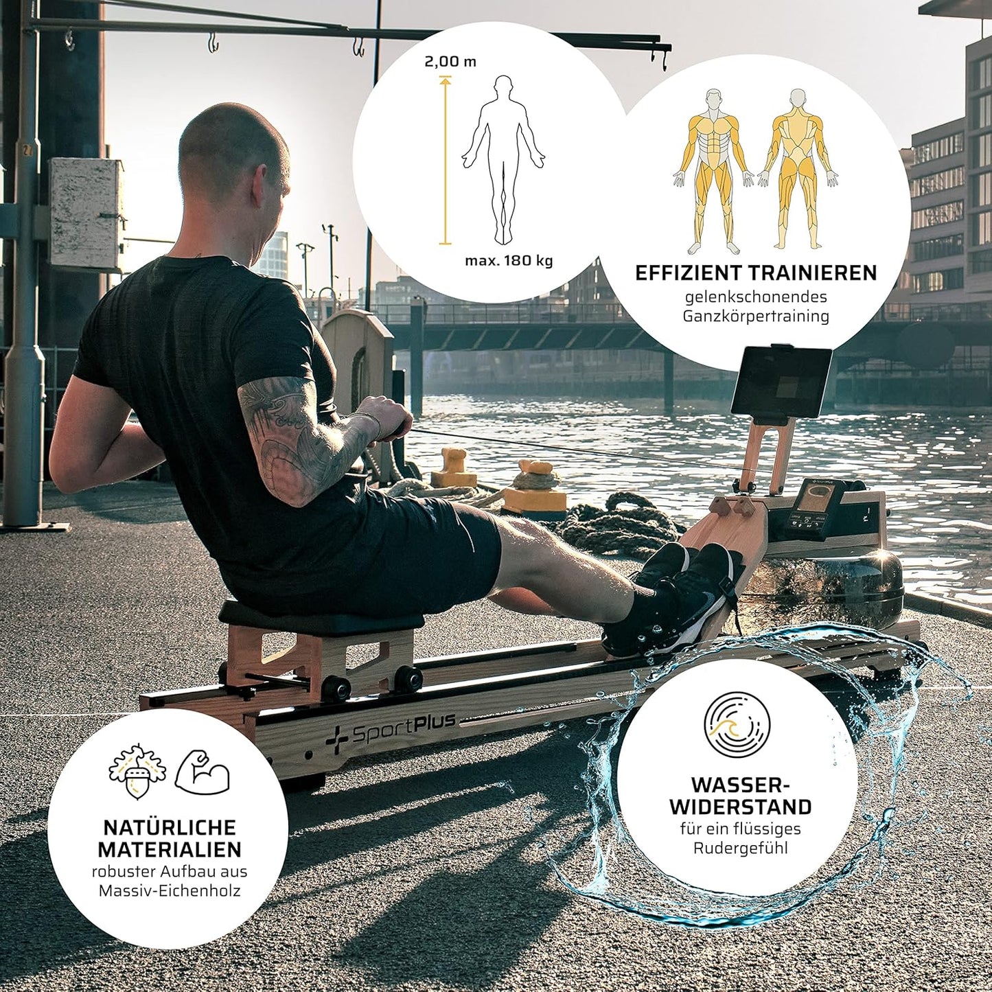 Water Rowing Machine Solid Oak Wood Rower App-Compatible