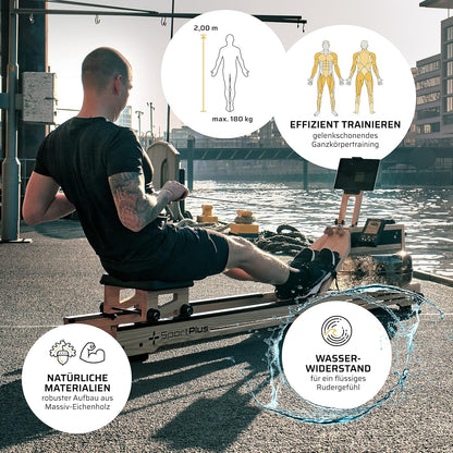 Water Rowing Machine Solid Oak Wood Rower App-Compatible